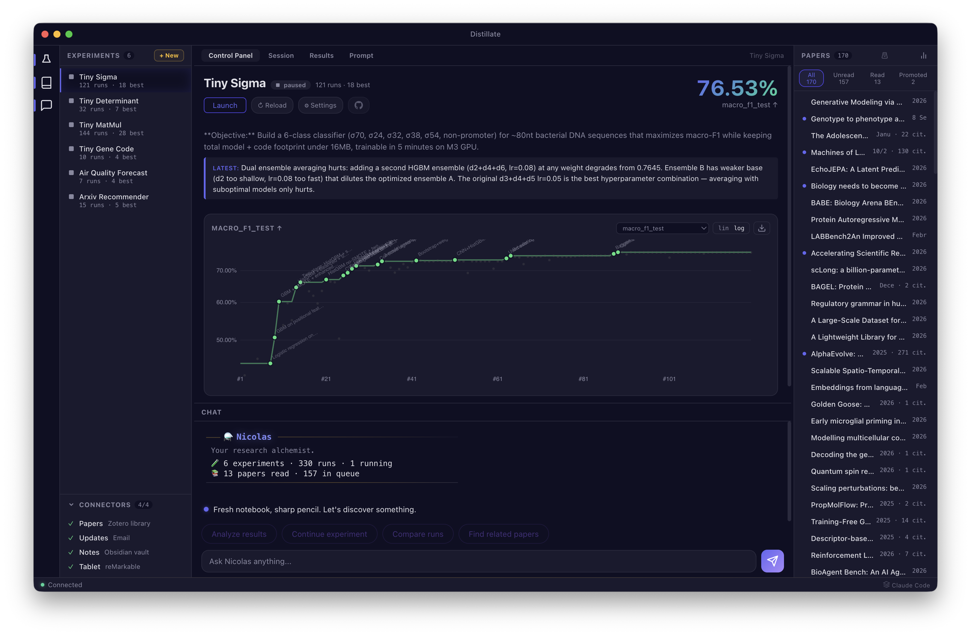 Distillate desktop app showing experiment tracking, metric charts, and paper library